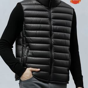 TEMU 남성용 경량 조끼 | 스탠드 칼라, 사이드 포켓, 단색, 레귤러 핏, 섬유, 가을/겨울, 봄에 적합, 성숙한 스타일, 캐주얼 및 다용도, 두꺼운