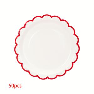 TEMU 10/20/50개입 우아한 흰색 & 빨간색 스칼렛 종이 접시 - 7인치 원형 디너 접시, 빨간색 트림, 내구성 좋은 종이 식기, 크리스마스, 결혼식, 생일, 파티용 - 식품 안전 파티 장식, 디저트 접시, 축제 디자인, 장식 접시