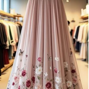 TEMU 우아한 레이어드 메쉬 롱 A라인 스커트 | 플로럴 프린트, 공식 및 반공식 행사, 뮤직 페스티벌 및 데일리룩에 적합