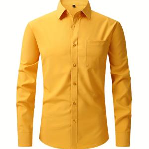 TEMU 가슴 주머니가있는 남성 정장 클래식 디자인 버튼 업 셔츠, 봄과 가을 비즈니스 행사를위한 남성 의류