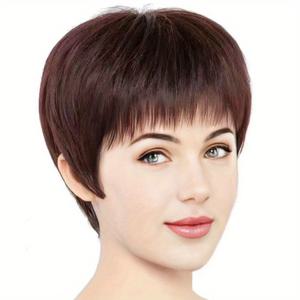 TEMU 여성용 패셔너블 숏 가발, 헤어로 전체 머리 커버, 우아한 엘프 스타일 컷 - 앞머리가 있는 짧은 브라운 합성 헤어로 연출.