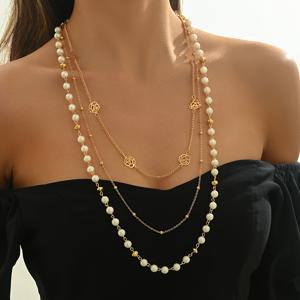 TEMU 1pc 우아한 다층 인조 진주 목걸이, 로즈 플라워 펜던트, 긴 스웨터 체인 패션 보석, 일상 및 휴가 착용용, 철 재질, 모든 계절에 적합