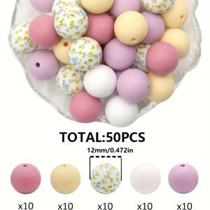 TEMU 50개 실리콘 비즈 12mm/15mm - DIY 주얼리, 열쇠고리, 폰 참, 팔찌 및 공예 프로젝트용 다양한 단색 & 프린트 컬러, 실리콘 캐릭터 비즈
