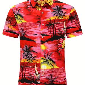 TEMU 남성용 하와이 셔츠, 열대 야자수 프린트, 캐주얼 반팔 버튼업, 폴리에스터 95% 스판덱스 5%, 약간의 스트레치, 래펠 칼라, 120g/m² 짜임 원단, 해변, 휴가, 파티용 - 유니버설 핏