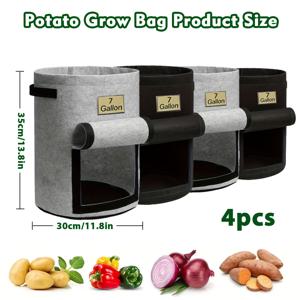 TEMU 4개 세트 감자 재배용 플랩 포장백 7갤런(약 25리터) / 10갤런(약 35.7리터, 손잡이 및 수확창 포함), 감자·토마토·채소용 화분, 블랙 & 그레이, 실내재배 가능, 현대적인 디자인, 가벼운 무게, 튼튼한 손잡이, 정원용 컨테이너,