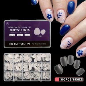 TEMU 300개 짧은 타원형 네일 팁 15개 크기 풀 커버리지 프리 컷 타원형 아크릴 네일 소프트 젤 네일 아트 DIY 매니큐어용|네일팁