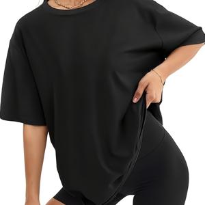 TEMU 여성용 루즈핏 통기성 운동 티셔츠 - 스트레치 미드-스트레치 원단, 라운드 넥 캐주얼 짐 탑 봄/여름 트레이닝 & 캐주얼 의류 - 솔리드 블랙, 비투명 소재, 신축성 있는 티
