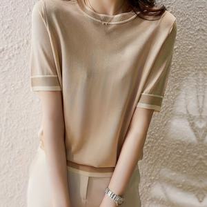 TEMU 여성용 Y 파이버 탑 - 컬러 블록 대비 트림 캐주얼 반팔 셔츠, 라운드넥 올시즌 레이어링 필수 아이템
