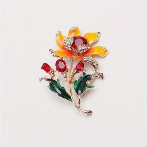 TEMU 우아한 라인스톤 꽃 브로치 핀 코사지, 레드 젬스톤 센터 및 그린 리브즈 - 여성용 골든톤 메탈 플로랄 주얼리, 드레스, 코트, 선물용 다용도 액세서리 | 고급 장인 정신