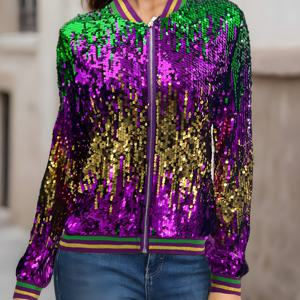 TEMU 여성용 시퀸 장식 캐주얼 재킷 - 긴 소매 파티 & 데일리 코트, 보라색 & 골드 반짝이 라운드넥 가벼운 봄/가을 아우터웨어, 지퍼 클로저