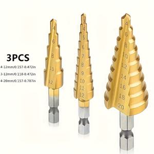 TEMU 3개 드릴 비트 세트, 3-12mm 4-12mm 4-20mm HSS 직선 홈 스텝 티타늄 코팅 홀 커터 스텝 콘 드릴 홀 소우 도구 세트