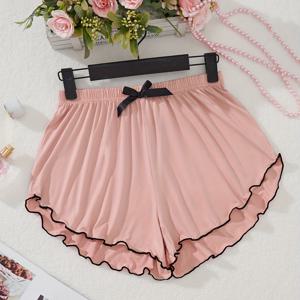 TEMU 캐주얼 단색 프릴 트림 나이트 하의, 신축성 있는 하이 웨이스트 루즈핏 반바지, 여성용 잠옷 & 라운지웨어