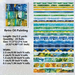 TEMU 스크랩북, 총알 저널, DIY 공예용 반 고흐 영감을 받은 와시 테이프 세트 20개 - 비방수 별이 빛나는 하늘 및 미술 그림 디자인 마스킹 테이프 - 각 장식용 접착 테이프 2M