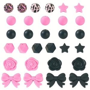 TEMU 30개 흑색 & 분홍색 프린트 실리콘 비즈, 별, 팔각형, 장미, 리본 - 15mm DIY 쥬얼리 만들기, 키체인, 핸드폰 체인, 팔찌, 수제 액세서리