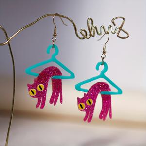 TEMU 핸드메이드 반짝이는 핑크 고양이 드롭 귀걸이 - 글리터 씨드 비즈, 여름 휴가·해변 파티·뮤직 페스티벌·카니발 선물용, 연중 착용 가능한 귀여운 주얼리, 골드 플레이트 후크