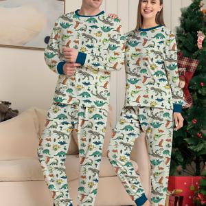 TEMU 새로운 크리스마스 남성용 긴팔과 바지 캐주얼 세트 크로스보더 풀 플로랄 공룡 프린트 아빠 라운지웨어 잠옷 투피스|귀걸이|목걸이|남자목걸이