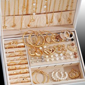 TEMU 86개/세 패션 심플 모조 진주 귀걸이 목걸이 귀걸이 반지 네개 합쳐진 보석 세트 여성용 일상 파티 야외 착용 패션 보석 할로윈 테마 고가 박스 없음