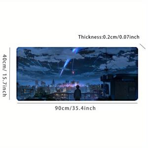 TEMU 애니메이션 소년이 현대 도시 풍경에 있는 확장 마우스 패드, 스티치 처리된 가장자리, 미끄럼 방지 고무 바닥, 대형 게임용 책상 매트, 사무실 액세서리, 타원형 작업 공간 패드 - 내구성, 방수 소재, 35.4x15.7 인치|컴퓨터책상
