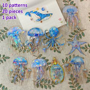 TEMU 20개 오션 원더스 스티커 세트 - 파란색 해파리, 문어 및 해양 생물 | 반짝이는 금박 조개 디자인 | 스캔드북, 공예 및 DIY 프로젝트용 자체 접착식 PET 데칼 | 무지개빛 동물 스티커 | 애완동물 스티커, 비치 스티커