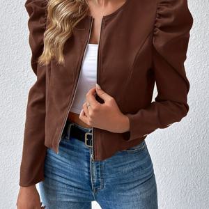 TEMU 솔리드 컬러 지퍼 퍼프 슬리브 자켓, 여성 가을/겨울 아우터웨어