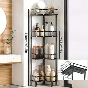 TEMU 스테인리스 스틸 3/4단 코너 샤워 캐디 - 녹슬지 않는, 홀로 서 있는 욕실 정리대, 빠른 배수 및 계층적 보관을 위한 중공 디자인 - 필수품에 완벽 - 검정색, 서 있는 선반|욕실선반