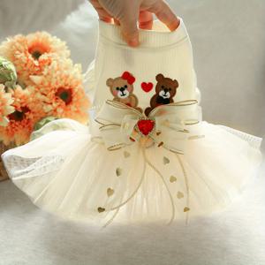 TEMU 웨딩 강아지 코스튬 - 하트 & 리본 장식 화이트 튤 스커트, 100% 폴리에스터 니트 프레스 스텟 아웃핏 (소형견용) - 포메라니안, 치와와, 강아지 봄/가을 펫 의류