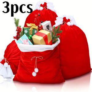 TEMU 3개 빨간색 크리스마스 산타 점보 선물 가방 | 재사용 가능한 초대형 크리스마스 봉투, 선물 포장용 부드러운 벨벳 드로스트링 가방, 파티 크리스마스 트리 장식