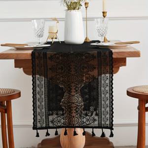 TEMU 빈티지 레이스 테이블 러너, 술 장식 - 폴리에스테르 섬유, 홀로우 아웃 디자인, TV 스탠드, 커피 테이블, 침대 옆 꾸미기, 우아한 식탁보 깃발을 위한 클래식 미국 스타일