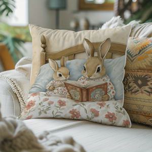 TEMU 귀여운 토끼 & 꽃무늬 프린트 쿠션 커버 1개 - 부드러운 짧은 플러시, 숨겨진 지퍼 디자인, 소파, 침대 또는 차량 장식용 현대적 스타일 (쿠션 내장재 미포함), 장식용 베개