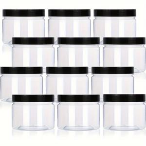 TEMU 12개 5온스 (약 150g) 투명 플라스틱 캔, 블랙 뚜껑 및 와셔 포함, BPA 프리, 재사용 가능한 주방 보관 용기, 곡물, 향신료, 커피, 견과류, 사탕, 건조 과일, 꿀, 화장품 로션, 여행용 보관에 적합