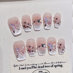 TEMU 10개의 짧은 사다리꼴 모양의 수제 프레스온 네일, 우아하고 세련된 누드 컬러의 컬러풀한 나비가 그려진 네일, 탈부착 가능하고 재사용 가능, 젤리 접착제 1개와 네일 파일 1개 포함, 일상생활, 업무, 학교, 데이트, 파티, 프롬에 적합합니다.