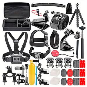 TEMU 50-in-1 액션 카메라 액세서리 키트 - 스포츠 카메라 호환 (DJI Instax 360 포함), 조절 가능한 가슴 하네스, 머리 끈, 자동차 마운트, 셀카 스틱, 삼각대 - ABS 재질, 전자 부품 없음