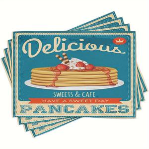 TEMU 4-팩 짜임 린넨 플레이스매트 - 맛있는 팬케이크 레트로 다이너 디자인, 기계 세척 가능, 직사각형 테이블 매트, 레스토랑 스타일 홈 다이닝 장식 - 12