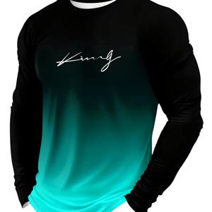 TEMU 남성용 캐주얼 긴팔 티셔츠 - 그라데이션 컬러, 폴리에스터, 세탁기 사용 가능, 라운드 넥, 레터 프린트 디자인