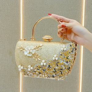 TEMU 빈티지 플로럴 라인스톤 이브닝 클러치, 우아한 인조 진주 체인 가방, 실버 그레이 폴리에스터 새슬, 탈착식 스트랩 포함, 키스 잠금 장치, 여성용, 웨딩 파티 액세서리