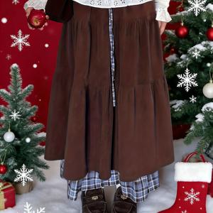 TEMU 크리스마스 선물용 튼튼한 이중 레이어 빈티지 케이크 스커트 | 세탁기 사용 가능, 캐주얼 스타일, 단색, 레이스업 디테일, Zhuozhi 가을/겨울 컬렉션|빈티지