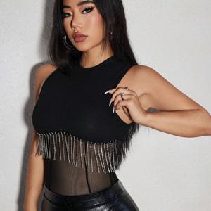 TEMU Y2K 섹시 라운드넥 라인스톤 프린지 체인 핏 리브드 메쉬 민소매 바디수트