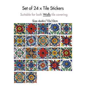 TEMU 24장 비닐 벽 스티커, 손으로 그린 스페인 스타일 꽃 타일 데칼, 방수 자체 접착식 주방 및 욕실 장식, 4x4 인치, 광택 마감, 식물 테마, 일회용