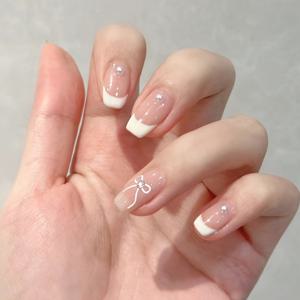 TEMU 10pcs 우아한 프랑스 스타일의 리본 & 스파클링 네일 아트 세트 - 거울, 누드 백색 팁 & 장식 액센트, 결혼식 & 공식 행사에 완벽, 공식 네일 아트 | 우아한 네일 디자인 | 거울 마무리