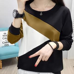 TEMU 여성용 캐주얼 컬러블록 긴팔 탑 - 고신축 라운드넥 셔츠, 세탁기 사용 가능 봄/여름 블라우스, 검정 & 겨자색, 여성용 셔츠, 스프링 패션, 모던 디자인, 편안한 핏, 다재다능한 셔츠|여름블라우스|패션