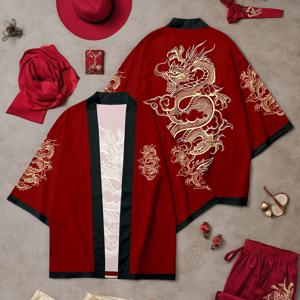 TEMU 중국 스타일 레드 드래곤 만다라 김ono, 빈티지 한푸에 영감을 받은 폴리에스터 100%, 캐주얼 딥 V 넥 탑, 세 자루 슬리브, 전면 3D 디지털 프린트, 스트레치되지 않는 직조 직물, 110gsm, 모든 계절을 위한 루즈핏