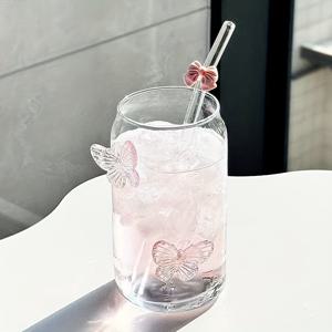 TEMU 스타일리시 핑크 나비 모양 유리 스트로우 컵, 재사용 가능한 음료용 컵, 커피, 주스, 우유, 칵테일에 적합