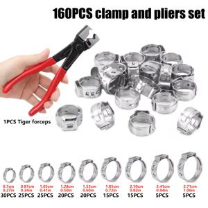 TEMU 161개 스테인리스 스틸 싱글 이어 클램프와 플라이어 세트, 160개 스테인리스 스틸 싱글 이어 호스 클립 9가지 사이즈 0.7.71cm와 1개의 카본 스틸 싱글 이어 클립 플라이어, 조절 가능한 웜 클램프 파이프 고정 키트, 금속 연료 파이프 클립 키트, 다양한 파이프, 자동차, 선박, 기계 장비 등에 적합
