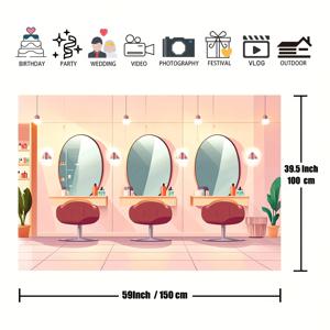 TEMU 1pc 생생한 만화 헤어 살롱 배경 - 100% 폴리에스터, 결혼식, 파티, 스튜디오 촬영에 이상적, 살롱 의자 및 원형 거울 디자인, 파티 배경 | 재미있는 디자인 | 내구성 있는 폴리에스터, 살롱 장식