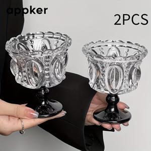 TEMU 1/2개 앱커 레트로 인쇄된 높은 유리 블랙 그로블 요거트 디저트 컵 노르딕 스타일 홈 데코 크리에이티브 커피 컵 - 데이, 라마단, 어머니의 날에 완벽합니다.