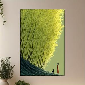 TEMU 액자 미포함 캔버스 아트 1개 - 사람과 개가 있는 고요한 숲 풍경, 생기 넘치는 녹색 나무 & 햇빛이 비치는 하늘, 거실, 사무실, 카페 장식에 완벽, 생일, 명절, 발렌타인데이 선물로 이상적, 개 장식, 2D, 방 장식에 완벽