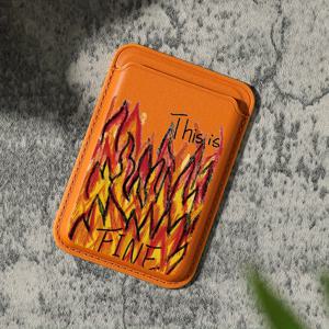 TEMU 2025년 신상 럭셔리 패션 레드 & 옐로우 불꽃 패턴 인조 PU 가죽 자석 카드 홀더 아이폰 16 15 14 프로 맥스 PU 가죽 지갑 부착물, 1-2장의 카드 보관, 내장 보안 포켓 KA1 장착