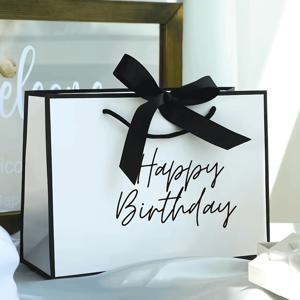 TEMU 1개 해피 버스데이 선물 가방 - 우아한 생일 파티용 토트백, 여성, 엄마, 할머니를 위한 경량 접이식 쇼핑 토트백 - 생일 파티 장식, 선물 포장 - 블랙 & 화이트 생일 장식, 생일 선물, 축하 액세서리, 리본 장식, 튼튼한 구조, 이벤트 정리자, 스타일리시 패키징, 내구성 있는 소재, 여성 선물