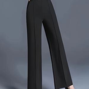 TEMU 우아한 단색 여성용 와이드레그 팬츠 - 가벼운 폴리에스테르, 부드러운 질감, 높은 허리 디자인으로 세련되고 다용도로 사용할 수 있는 캐주얼한 시크한 팬츠 | 하이웨이스트 트라우저 | 폴리에스테르 재질|냉장고바지|바지