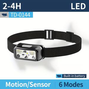 TEMU 스마일링 샤크 TD0144 LED 센서 헤드라이트, 미니 슈퍼 , 6 모드, Type-C 충전식, 흰색 및 빨간색 조명 플래시 라이트, 150° 조절 가능, 가벼운 야외 캠핑, 낚시, 하이킹, 러닝에 이상적